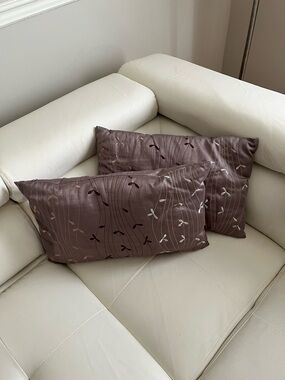Set of 2 Decorative Satin Throw Pillows in Taupe with Embroidered Vine Motif